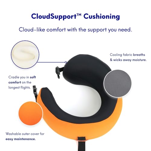 Image of C CUSHION LAB Travel Pillow, Award-Winning Patented Ergonomic Design for Chin & Neck Support Memory Foam Neck Pillow, Compact Airplane Pillow for Traveling, Flight, Car (Dynamic Orange, Medium)