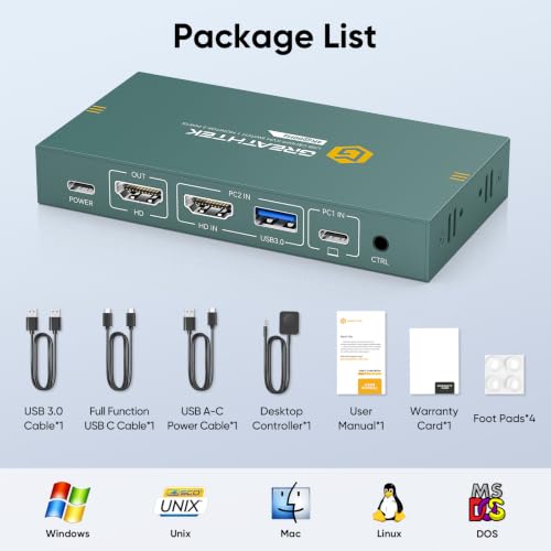 Image of Greathek HDMI USB C KVM Switch for 2 Computers, USB3.0 4K@60HZ Monitor Switch for PC /Laptop Sharing Keyboard& Mouse,with 4 USB Ports,EDID Supported