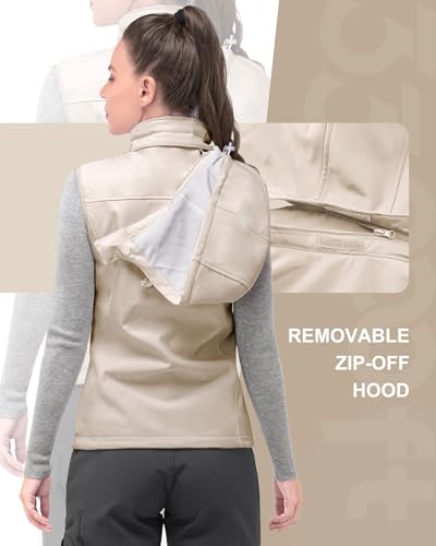 33,000ft Damen Softshell Westen mit Abnehmbare Kapuze Fleece Gefütterte Ärmellose Jacke Wasserdichte Winddichte Sportwesten Vest mit 5 Taschen für Reiten Laufen Wandern Hellkahki M