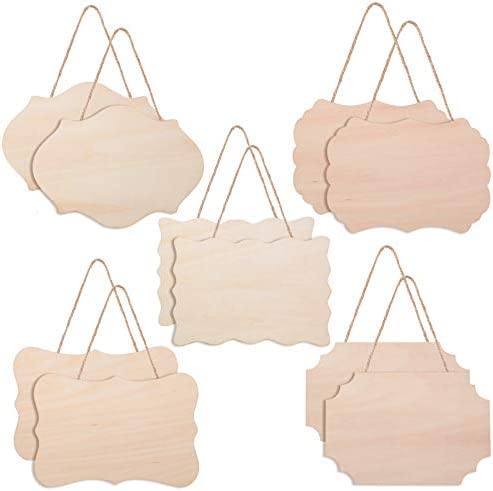 Printfry 10 Pieces of Unfinished Blank Sign Hanging 3mm Pine MDF Pine Sign Decorative Wood Plaques for DIY Craft, 5 Designs