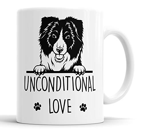 Faithful Prints Taza de cerámica con diseño de Border Collie con texto en inglés "Unconditional Love", regalo divertido para cumpleaños o Navidad, con texto en inglés "Border Collie"