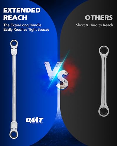 Image of OMT 6Pc Metric Extra Long Flex-Head Ratcheting Wrench Set, 8-19mm Range | Durable 40CrV Steel Build; 72-Tooth Gearing; 180 Rotating Flex-Head; 12-Point Design; High-Torque Performance For Mechanics