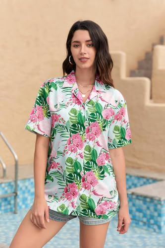 Image of SANGTREE Girls & Women's Hawaiian Shirts Button Down Short Sleeve Floral Tropical Shirt Beach Vacation Blouse Tops