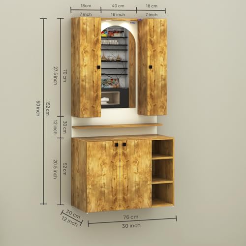 Image of Anikaa Opulex Engineered Wood Dressing Table with Mirror Cabinet, LED Lights, Storage Shelves & Back Panel - Wall Mounted Makeup Vanity & Organizer for Bedroom -(Gaintwood /White) DIY Installation