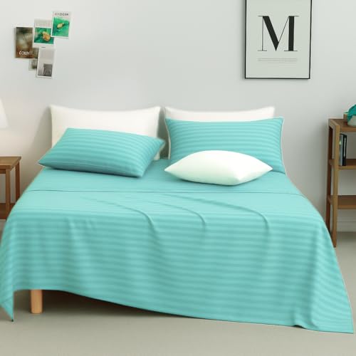 Image of Sofrito Bed Sheet Glace Cotton Striped - 300 TC - Super King (108 inchx108 inch) - with 2 Pillow Cover | Ideal for Hospitals, Clinics, Hostels, PGs, Hotels & Guest Houses | Baby Blue