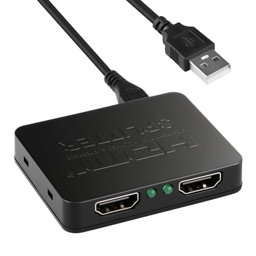 Hdmi Splitter 1 in 2 Out for Dual Monitors Splitter 4k Extended Display Support Same Screen Blu Ray HDTV DVD Player Home Office Gaming Theater Dual Hdmi Adapter for 2 Monitors USB Powered No Lag
