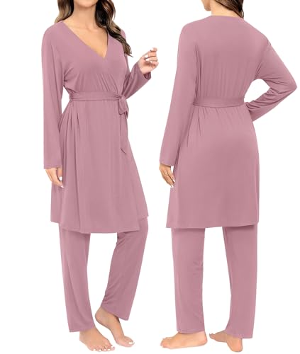Image of SWOMOG Maternity Nursing Robe Set 3 Piece Breastfeeding Pajamas 3 in 1 Labor Delivery Sleevless Tops&Long Pants Pregnancy Pjs