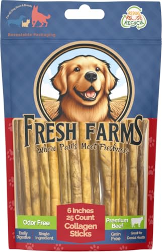 Fresh Farms Natural Collagen Sticks for Dogs 25 Pack - 6 Inches Long-Lasting Alternative to Bully Sticks, Rawhide-Free Collagen Chews w/Chondroitin & Glucosamine for Joint Support & Dental Health