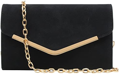 Autumnwell Black Faux Suede Clutch Purse Evening Bag for Women，Envelope Handbag With Detachable Chain for Wedding and Party