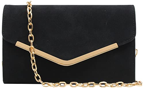 Autumnwell Black Faux Suede Clutch Purse Evening Bag For Women，Envelope Handbag With Detachable Chain For Wedding And Party #TOP1