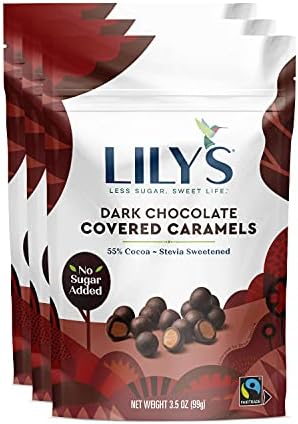 Dark Chocolate Covered Caramels By Lily's Sweets | Made with Stevia, No Added Sugar, Low-Carb, Keto Friendly | Fair Trade, Gluten-Free & Non-GMO Ingredients | 3.5 oz, 3 Pack