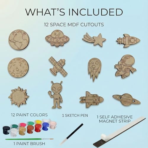 Image of ImagiVibe Paint Your Own Space Theme Fridge Magnets Kit for Kids | 12 MDF Cutouts DIY Painting Activity with Colours & Brush | Creative Screen-Free Art & Craft Kit | Made in India (Space)
