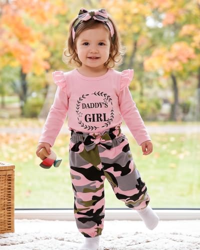 Image of Newborn Baby Girl Clothes Letter Print Long Sleeve Bodysuit Ruffle Floral Pants with Headband 3Pcs Infant Girl Outfits Set