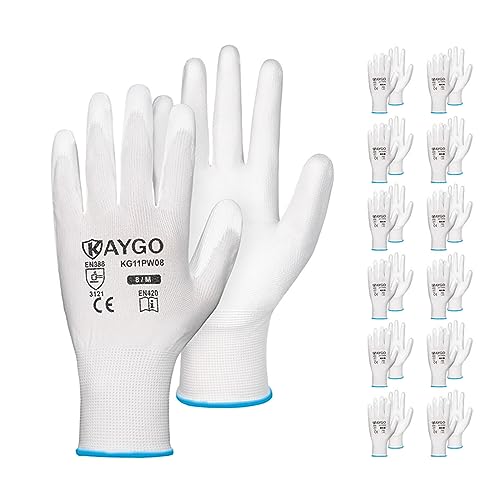 Image of KAYGO Safety Work Gloves for Men Women, PU Coated Palm & Fingers, KG11P | Smooth Grip, Breathable & Lightweight, 13-Gauge Seamless Knit, for Light Warehouse, Manufacturing, Gardening