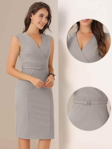 Image of Allegra K Sheath Dress for Women's Wrap V Neck Business Office Belt Sleeveless Pencil Dress