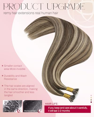 Image of Moresoo Nano Ring Hair Extensions Human Hair, Strawberry Blonde, 24 Inch | 50g 50 strands, extra-long straight length, medium brunette strawberry blonde, weddings, parties and fashion styling