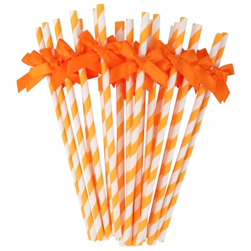 24 Packs Orange Bow Biodegradable Striped Paper Straws Orange and White Disposable Drinking Straws for Birthday Carnival Summer Pool Party Wedding Baby Shower Halloween Party Decoration Supplies