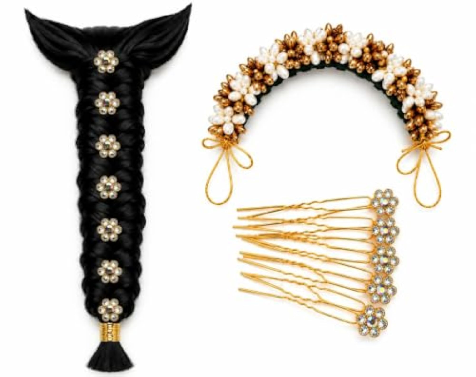 Women's Braid Hair Extension with 12pcs Flower Stone Pins, Black