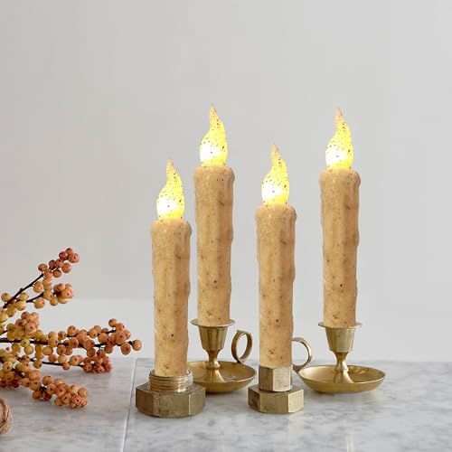 Image of Retro Khaki Flameless Short Taper Candles, Real Wax Hand Dipped LED Battery Operated with Remote, Flickering Flame Lights for Festival Home Decor, 6.7 Inch Primitive Flameless Candles, 4PCS