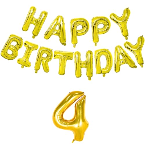 Image of Flyloons 4th Golden Colour Happy Birthday Foil Balloon Banner Set For 4 Year Old Boys Girls Baby | With Number Four | 13 Letters Reusable Happy Birthday Metallic Foil Balloons Decoration Kit, 14 Pcs
