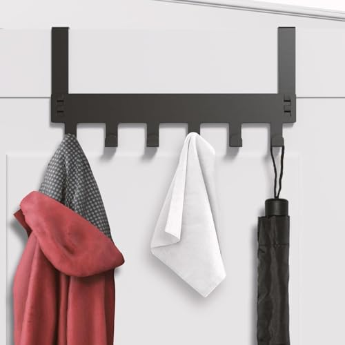 APPUCOCO Over The Door Hook Hanger, Hanging Organizer Rack Steel Door Hook Hanger Wall Hook Rack (6 Hooks) (Black)