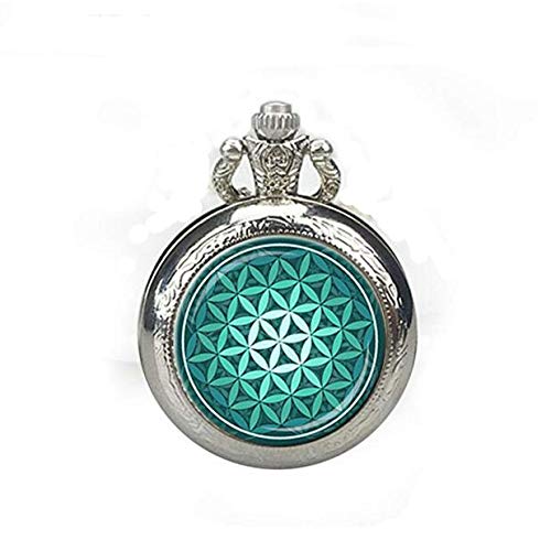 Preisvergleich Produktbild Blume des Lebens Taschenuhr Halskette Blaugrün Aqua Spirituelle Uhr Anhänger Inspirierende Halskette Heilige Geometrie Meditation Taschenuhr Halskette