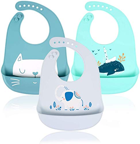 Baby Lätzchen Silikon Wasserdichte - RIGHTWELL 3 pack Wasserdicht Silikon Babylätzchen mit 6 verstellbaren Tasten, Unisex für Entwöhnen, BPA Frei, Einfache Reinigung, Spülmaschinenfest