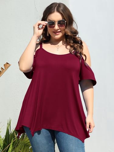 Image of LARACE Cold Shoulder Tops for Womens Summer Clothes Spaghetti Strape Tunic Oversized Shirts Asymmetrical Plus Size Blouse