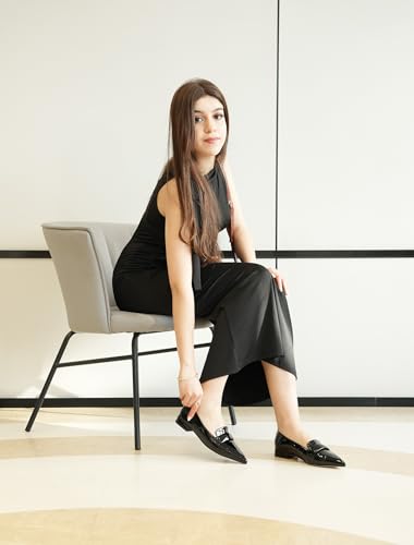 Image of Pointed Toe Flats for Women Black Patent Leather Pointy Loafers Slip On Pumps Comfortable Elegant Dressy Shoes
