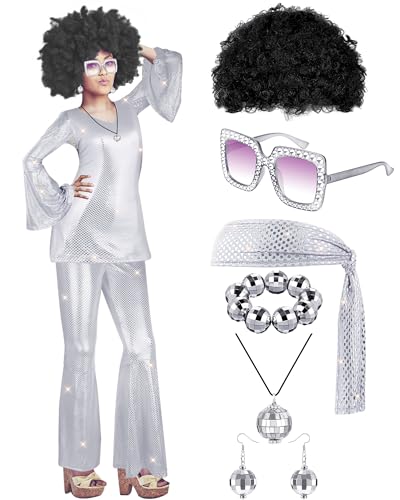 Mukum 8Pcs 60s 70s Disco Costume for Women, Halloween Disco Outfits Women Set with Sunglasses Headscarf Necklace Earring for Carnival Halloween Dance Party Silver-XL