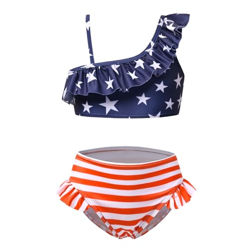 Image of QPANCY Girls One Shoulder Swimsuits Kids Two Piece Bathing Suits Ruffle Beach Swimwear