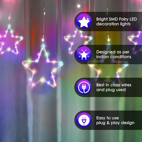 Image of MoonlitDreams Fairy Star Curtain LED String Light 10 Diyas 96 LED 3 Meter Plug in Decorative Lighting with 8 Modes for Window Curtain Home Festival Party Decor