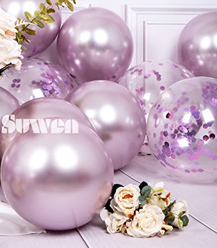 Image of SUWEN Metallic Lavender and Confetti Balloons Set 47PCS Light Purple Latex | Helium Chrome Balloon for Birthday Anniversary Party Decorations