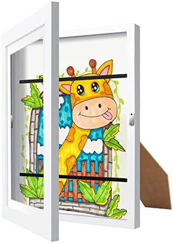 Funchi Kids Art Frame, White, Changeable Front Opening Display Storage Kids Artwork Frames for Wall and Tabletop with 4 Display Types, Holds 50 Pcs, for 3D Picture, Crafts, Children Drawing, Portfolio