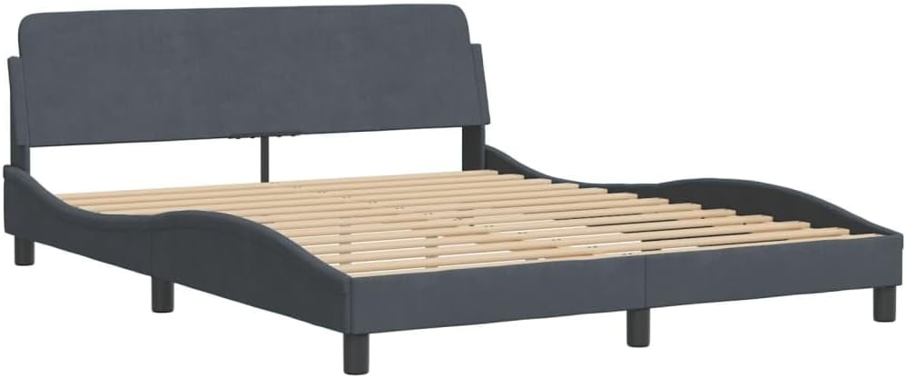 Queen Bed Frame Dark Grey Velvet Platform with Headboard and Storage, Durable Sturdy Slatted Foundation for Mattress Support, Easy Assembly Modern Minimalist Bedroom Furniture