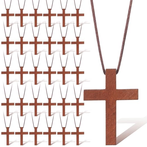 Wood Cross Necklace Bulk for Men Women Christian Gifts Bulk Wooden Crucifix Pendant for Church Car Mirror Small Wooden Craft Gifts Crosses for Bible Verse Easter Party Favor