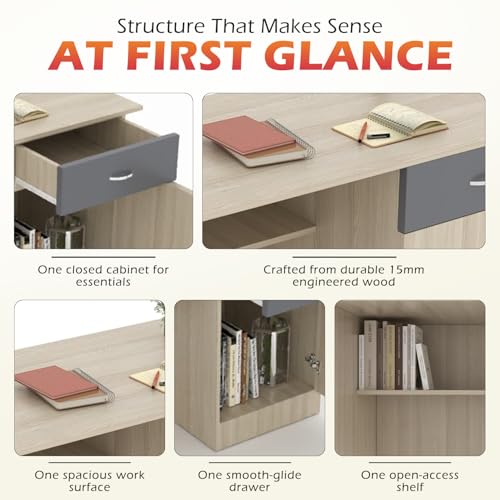 Image of 120x60x75cm Engineered Wood Study & Office Table | 1 Year Warranty | Matte Finish Free Standing Compact Modern Computer Desk with Drawer & Cabinet | Rolex Brown Finish- Moldau Acacia