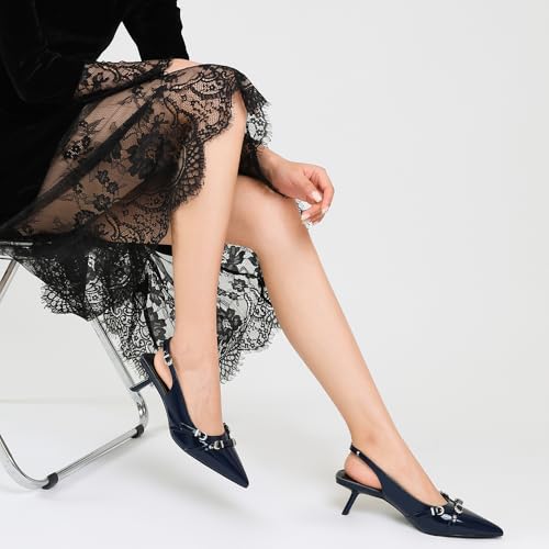 Image of Mostrin Kitten Heels for Women Pointed Toe Pumps Patent Leather Low Heel Slingback Heels with Buckle Dress Shoes for Dating Party Working