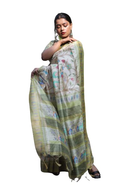 J.J. Traders Soft Tussar Silk Saree with Beautiful Print and Ghicha pallu with Contrast Blouse Piece and Tassels at pallu