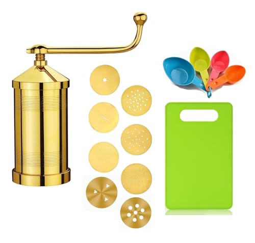Image of Thangam Pure Brass 1000 gm Sev Sancha Machine with Free 8 Different Jali for Making Different Types of Sevaiya, Sev, Gathiya Murukku, Chakli, Bhujia Etc, Vegetable Cutting Board, Measuring Spoons