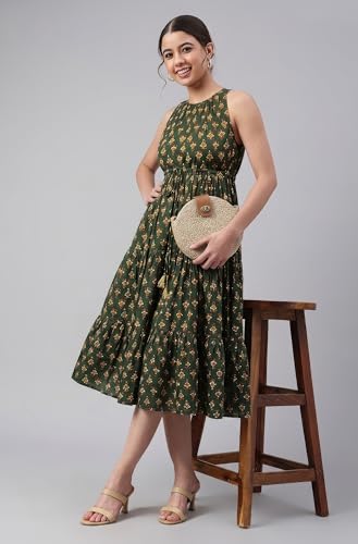 Image of Janasya Women's Blue Pure Cotton Floral Printed Tiered Dress