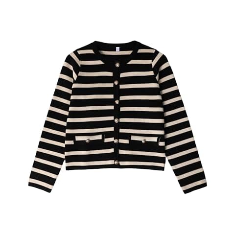 Xiaoxuemeng Womens Cardigan Sweaters Cropped Striped Button Down Knit Jackets Open Front Trendy Lady Fall Outfits(Black-L) Cover