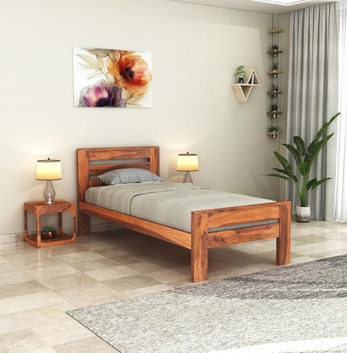 Image of BM WOOD FURNITURE Single Size Sheesham Wood Bed for Bedroom with 2 Years Warranty | Office Furniture | Living Room Cot | Wooden Bed | Daybed |Traditional Beds | Bedroom Furniture | Natural Finish