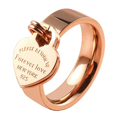 Valentine s Day Gift JINHUI Wedding Band Rose Gold Anxiety ring for women Comfort Fit Dangling With Heart Charm Forever Love Engraved anti anxiety ring (Rose Gold,SIZE 7)