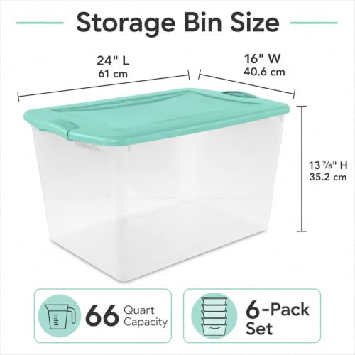 Image of Storage Bins 66 Qt Clear Latching Lid Stackable 6 Pack Mint Green