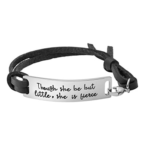 Yiyang Motivational Gift Inspirational Leather Bracelet Adjustable Bangle Jewellery Stainless Steel (Though she be but little, she is fierce-Black) Cover