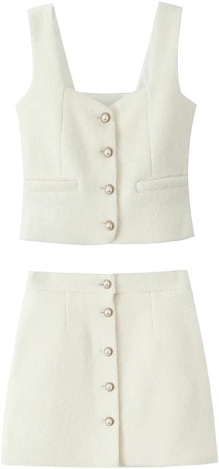 Women's Solid Color Casual Woven Pearl Sleeveless Top A-Line Mini Skirt Two-Piece Set