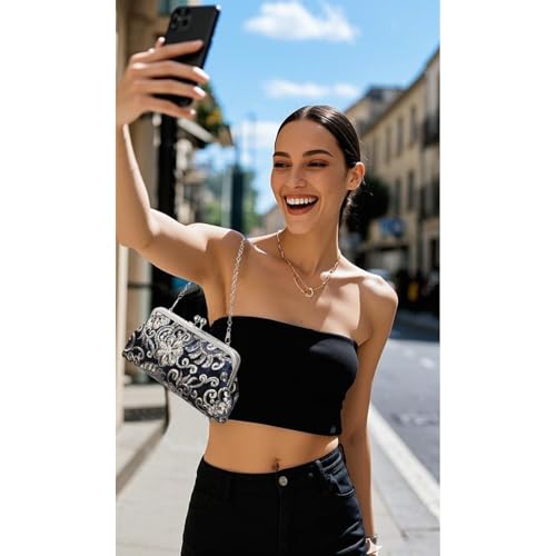 Image of RNIEGA Clutch Purse for Women Floral Embroidery Sequin Evening Bags Elegant Kiss Lock Wedding Party Cocktail