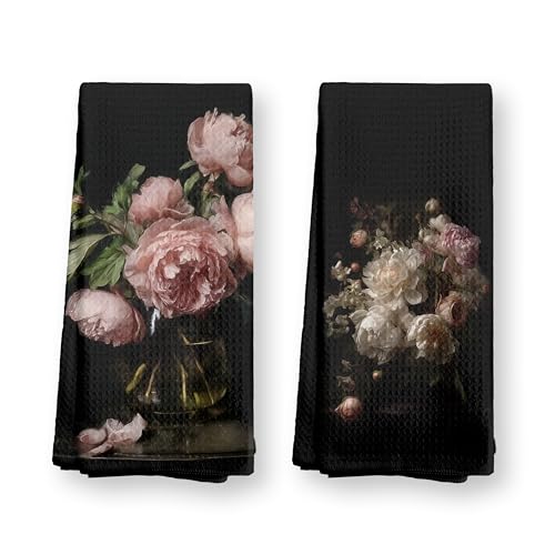 TopXmai Black and White Hand Towels,Moody Pink Peony Floral Kitchen Towels Set of 2, Pink and Black Floral Towel for Kitchen Decor, Modern Peony Flower Hand Towel for Bathroom Decor, 16x24 in C222
