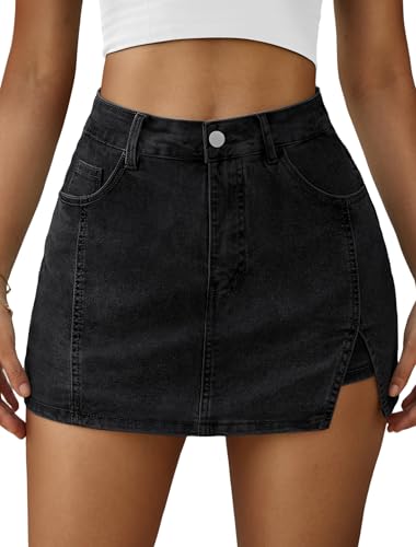 IWD Jean Skorts for Women Denim Mini Skirt High Waisted Side Split Jean Skirt with Shorts Underneath Stretch Casual Summer Denim Skort 5 Pockets Black Large